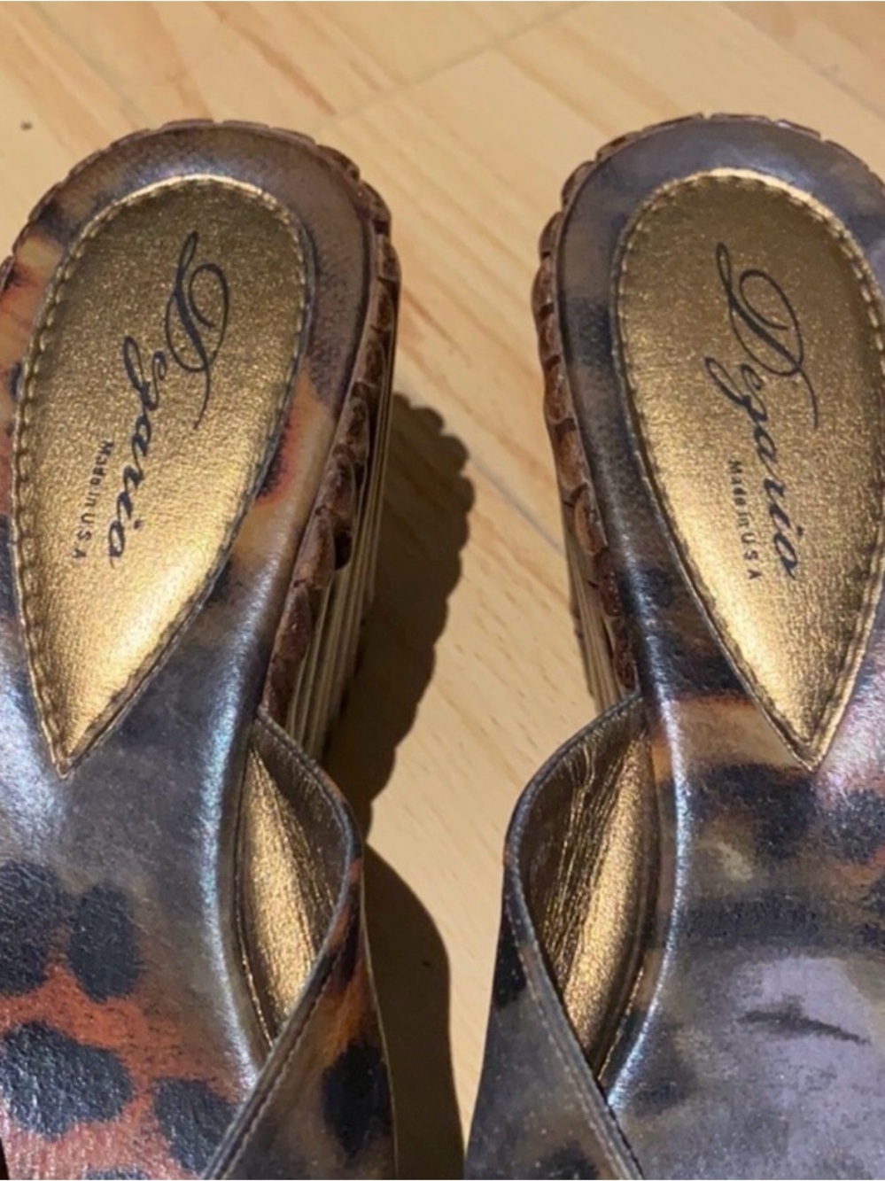 Leopard Print Leather Wedge Sandals with Rhinestone Buckle - Picture 3 of 5